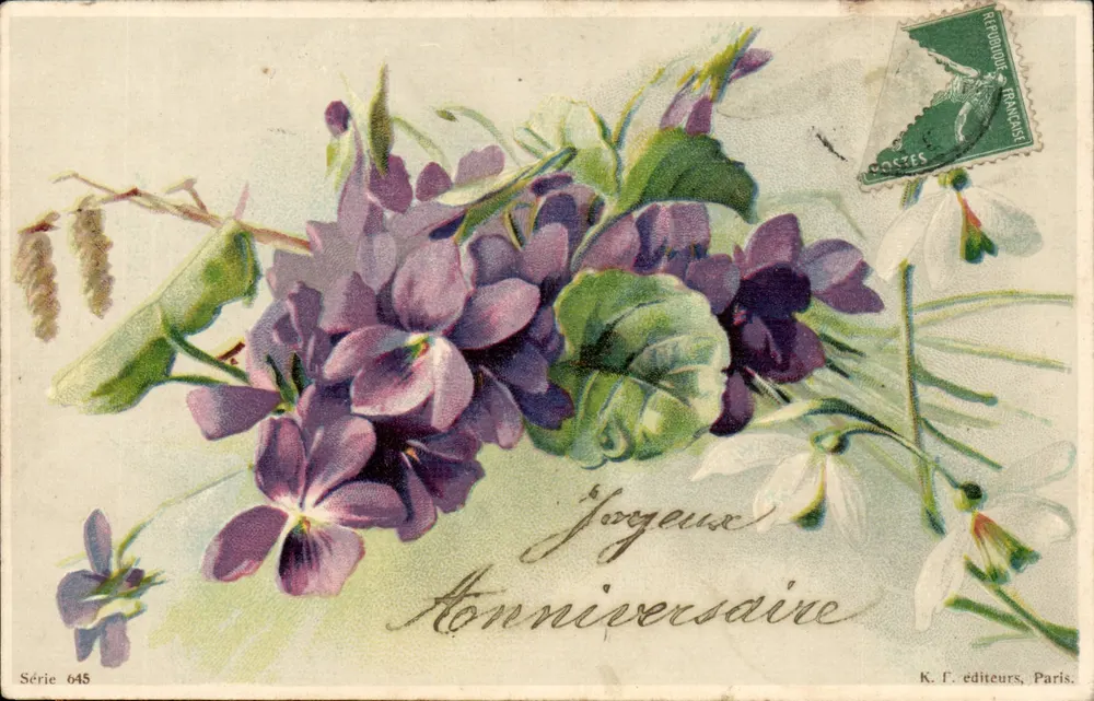 Violette und Mädesüß — Geburtstagsgrüße — Verlag K. F., Paris, Serie 645 - Vorderseite