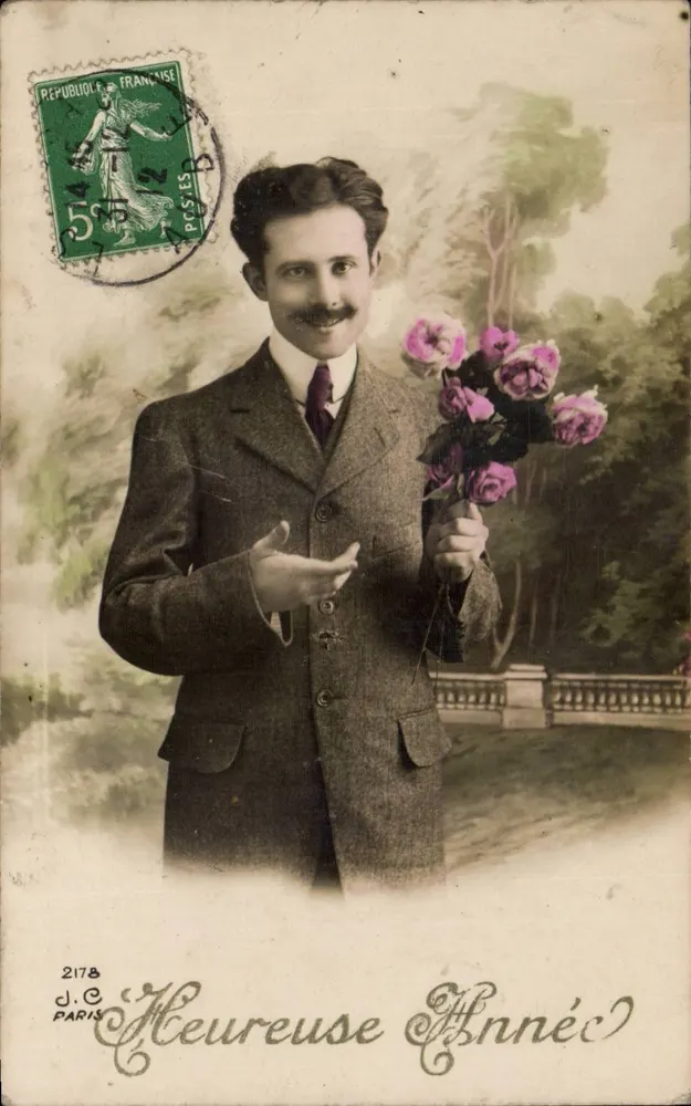 Mann mit Rosenstrauß — Frohes Neues Jahr — J.C. Paris Nr. 2178 - Vorderseite
