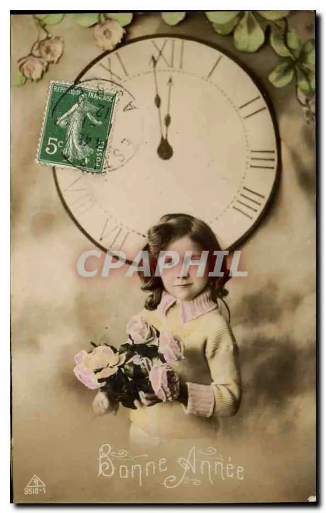 Mädchen mit Rosen — vor einem großen Uhrengehäuse — Verlag A. 3519-1 - Vorderseite