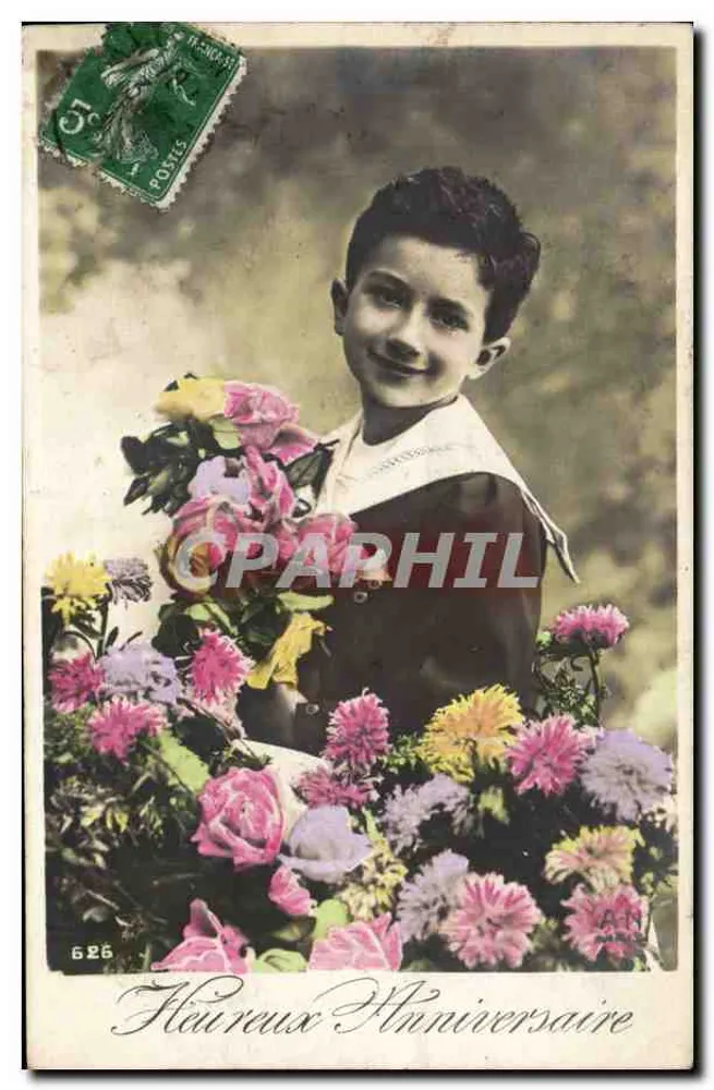 Kind mit Blumenbouquet — Geburtstag — unbekannter Verlag, Nr. 626 - Vorderseite