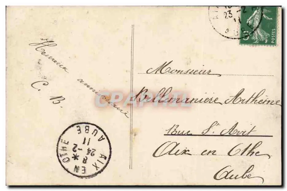 Frau in Kleid mit Mustern, die einen Blumenstrauß hält — Geburtstag — Paris, Französische Republik, n° 180 - Rückseite