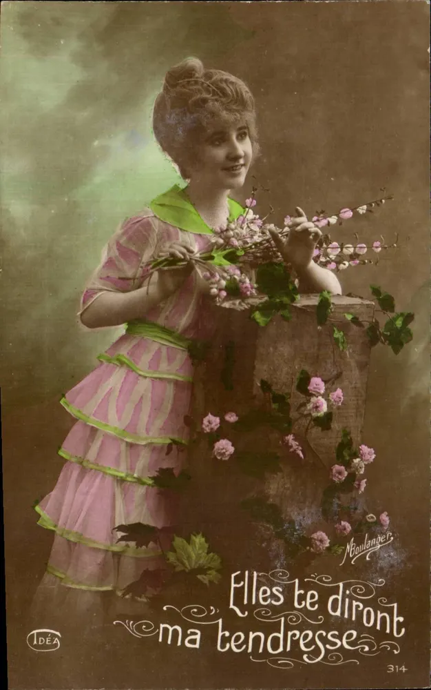 Junge Frau in rosa und grüner Robe — mit Blumenstrauß — Verlag Idéa, Nr. 314 - Vorderseite