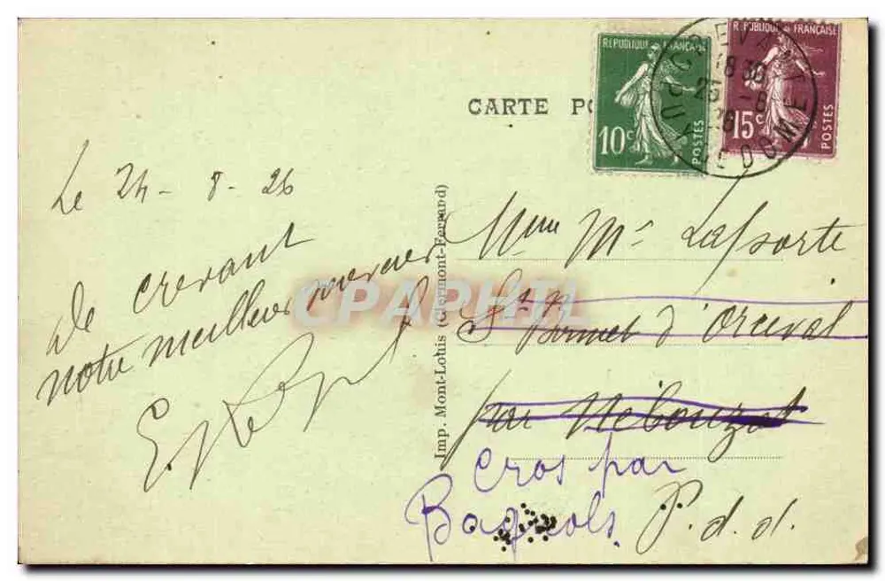 Auvergne-Crevant - Avenue de l'Église — Hôtel Rodier-Mondon — unbekannter Verlag - Rückseite