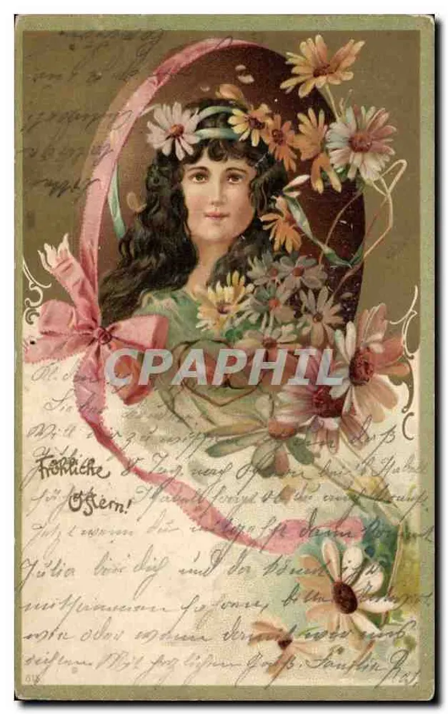 Junge Frau mit Blumenkrone — mehrsprachige Postkarte — unbekannter Verlag, Seriennummer 612 - Vorderseite