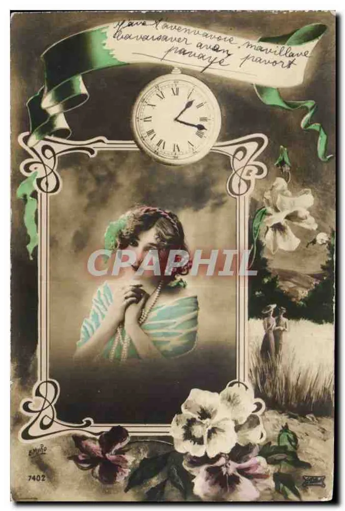 Frau im kunstvollen Rahmen — Uhr und Blumen — Verlag EMPJO, Nr. 7402 - Vorderseite
