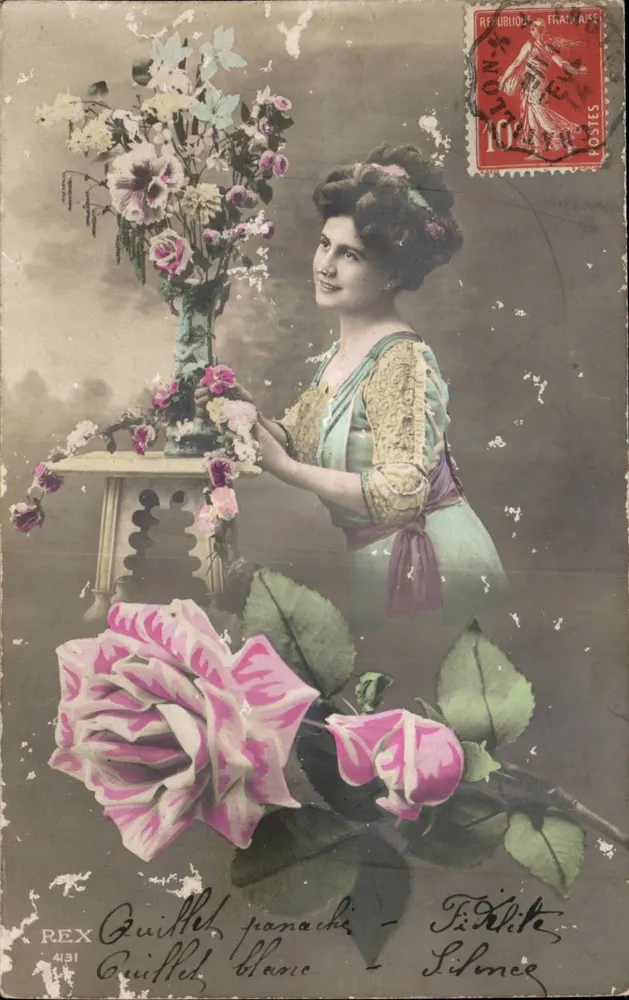 Frau mit Blumenstrauß — Verleger REX, Nr. 4131 - Vorderseite