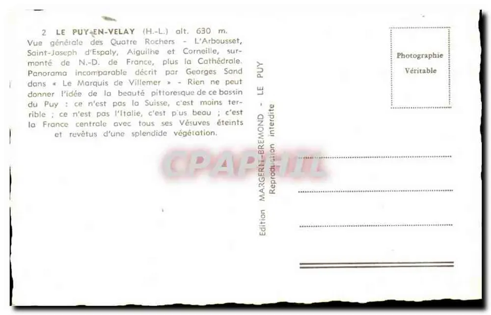 Le Puy-en-Velay — Allgemeiner Blick auf die Vier Felsen, Saint-Joseph d'Espaly, Aiguilhe und Corneille — Verlag Margerit-Bremond - Rückseite