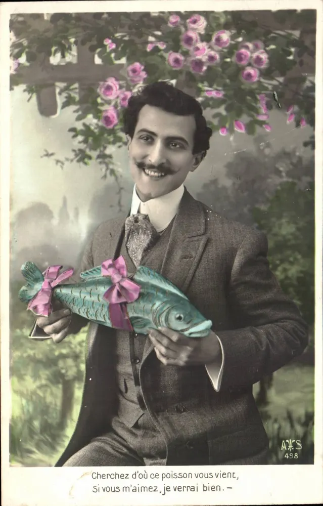 Mann mit dekorativem Fisch — humorvoller Text — AKS 498 - Vorderseite
