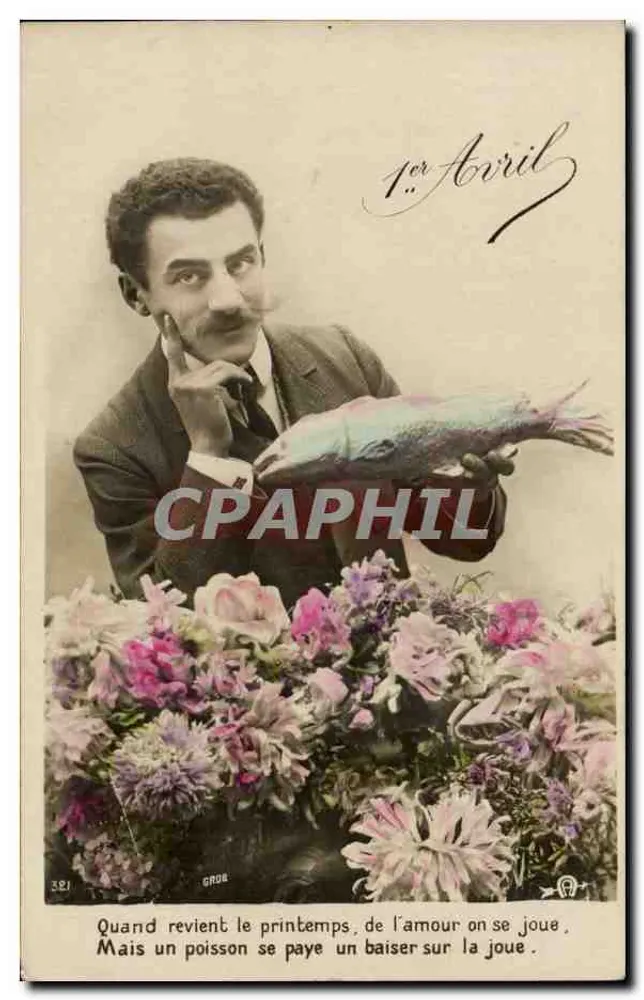 Mann mit Fisch und Blumen — Frühlingsspiel — 1. April — Verlag GRAS n°321 - Vorderseite