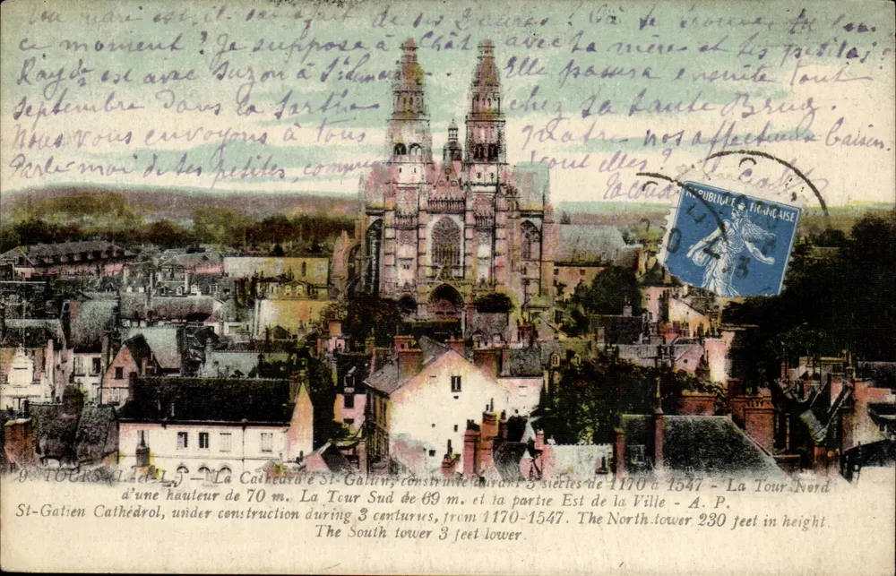 Tours — Katedra św. Gatiana — A.P. - Południowa wieża 69 m, północna wieża 70 m, zbudowana między 1170 a 1547 - Awers