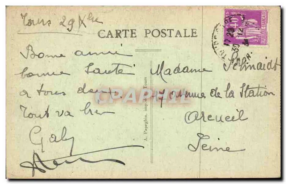Tours (Loire-et-Cher) — Catedral de São Gatien com suas duas torres — A. Papeghin, imp. em Tours - Verso