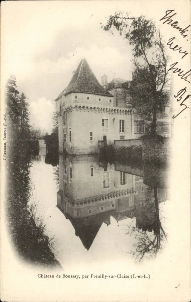 Castelo de Boussay — vista refletida na água — J. Grateau, Ieours (I.-et-L.) - Frente