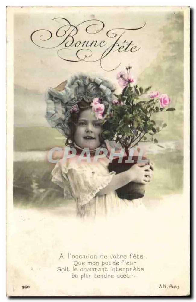 Mädchen mit Blumenhut — Frohe Geburtstagskarte — A.N. PARIS n°360 - Vorderseite