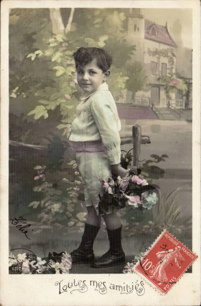 Kind mit Blumenstrauß — Verlag Filié, Nr. 601C — 10c Stempel - Vorderseite