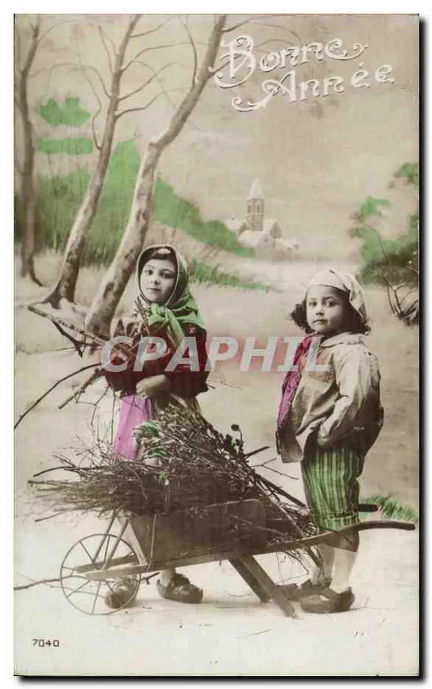 Deux enfants avec un chariot à bois — Bonne Année — éditeur anonyme, n° 7040 - Vorderseite