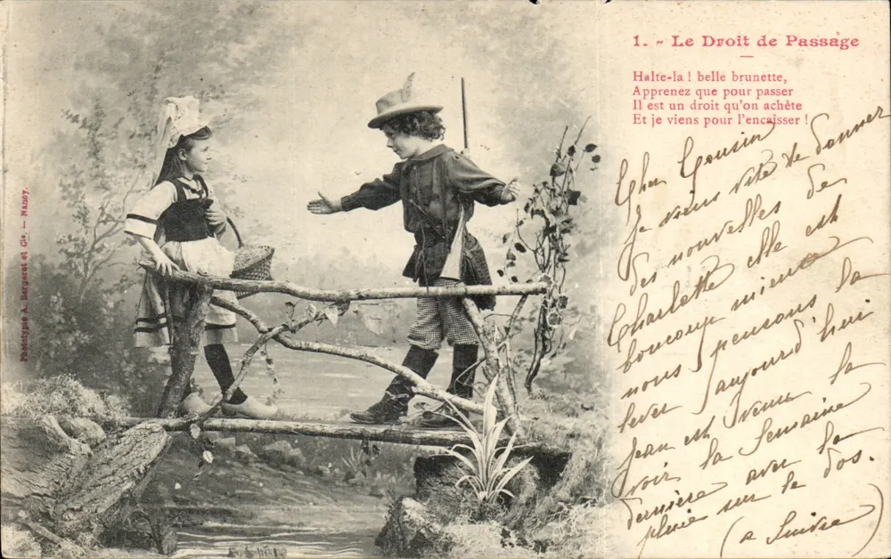 Junge und junge Frau auf einer Holzbrücke — Das Recht zum Passieren — Phototypie A. Bergret et Cie, Nr. 1 - Vorderseite