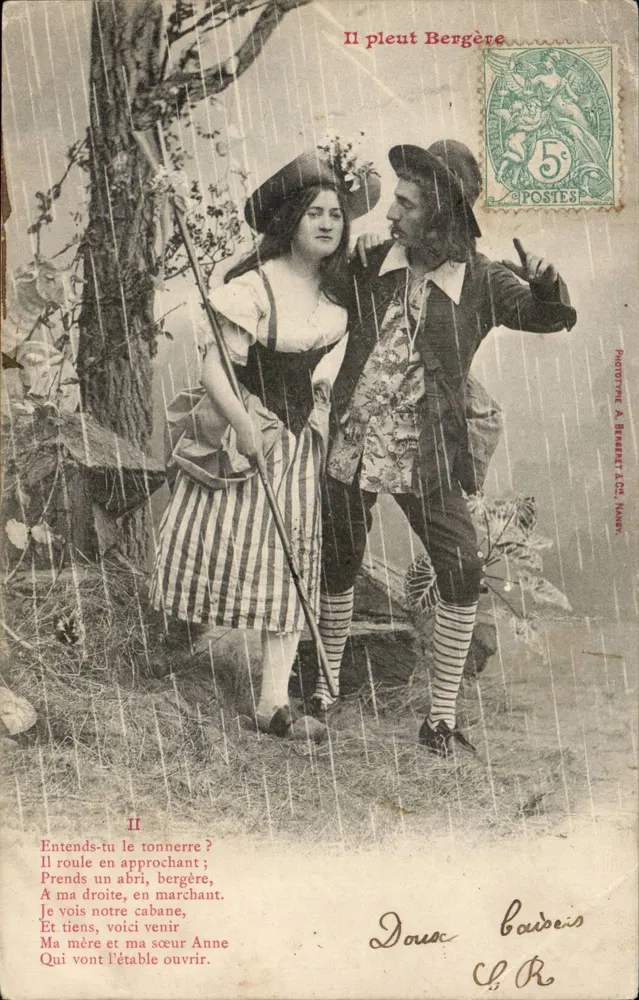 Scène de pluie — bergère et berger sous un arbre — Phototype A. Basset & Cie, Nancy - Vorderseite