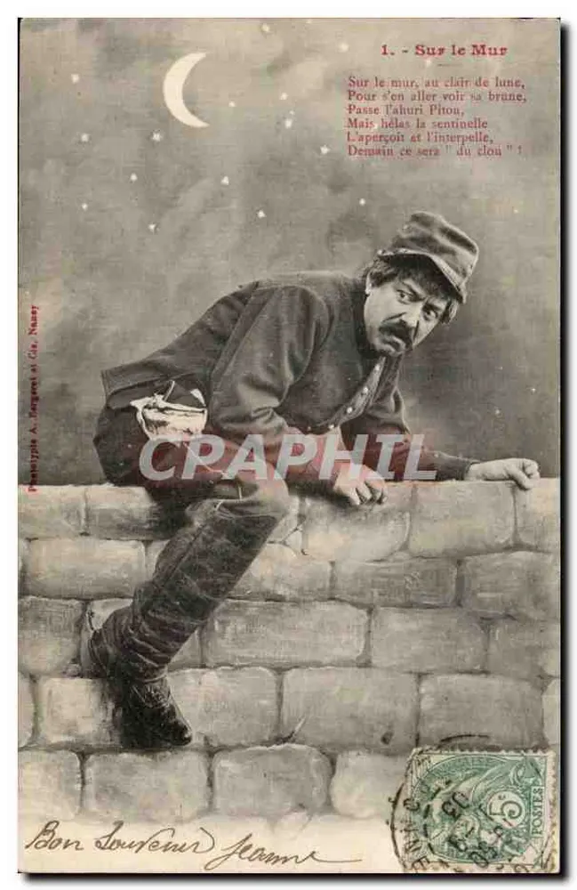 Soldat an der Wand — nächtliche Szene mit Gedicht — Phototypie A. Dagron & Cie, Nancy - Vorderseite