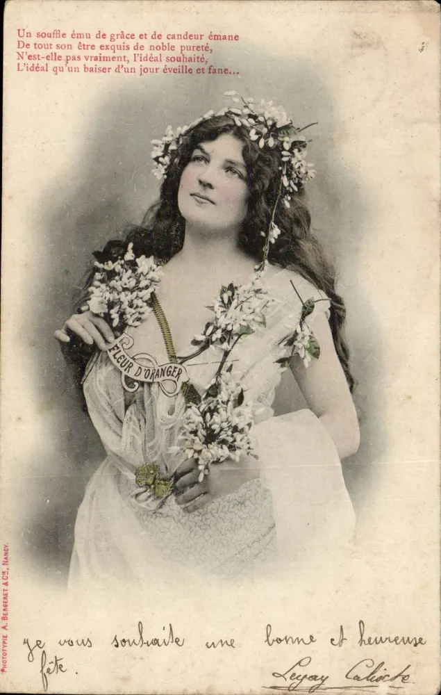 Fleur d'Oranger — junge Frau in weißem Kleid und Blumencrone — Phototype A. Benereet & Cie, Nancy - Vorderseite
