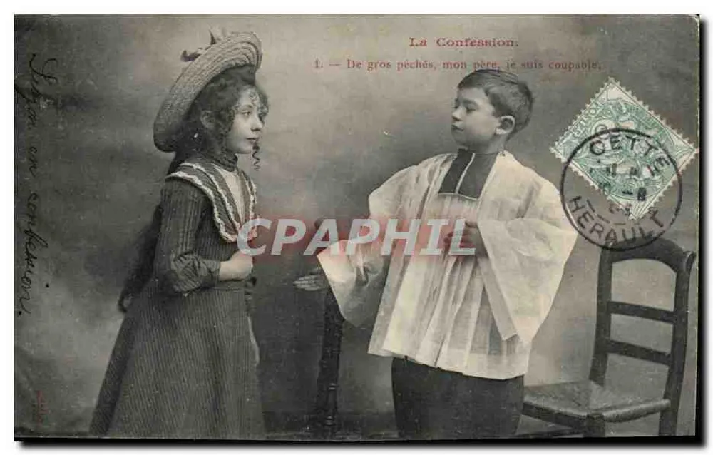 La Confession — scène de confession d'un enfant à une femme — éditeur anonyme - Recto