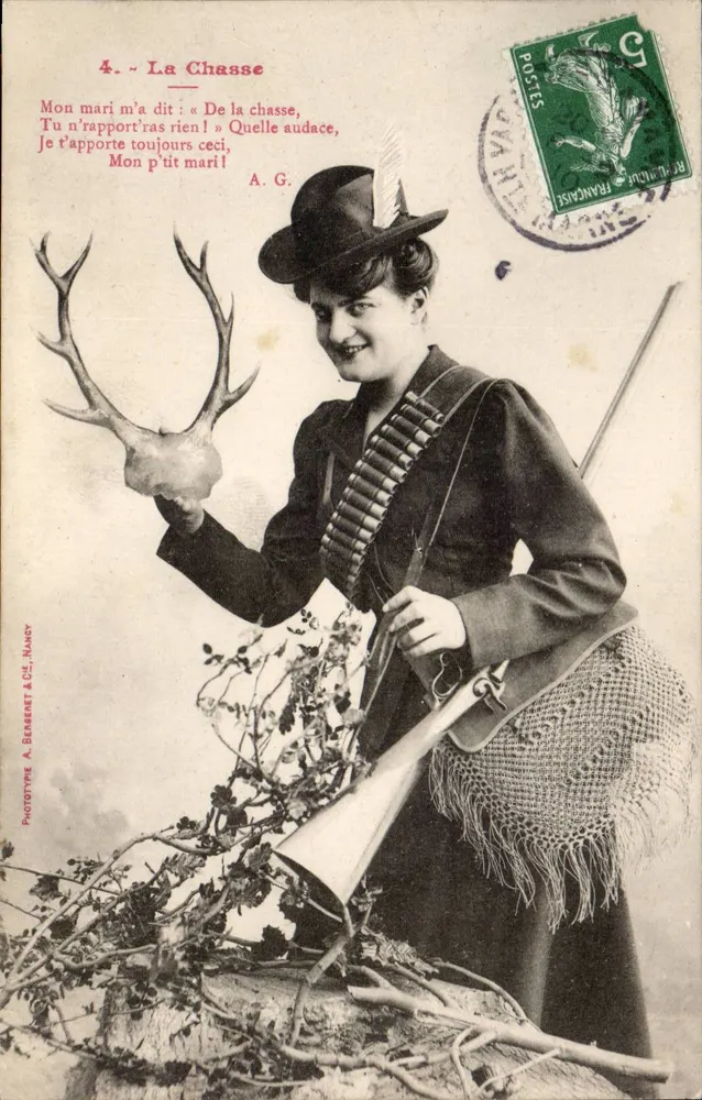 Jagd — Frau mit Hirsch und Gewehr — Phototype A. Berneant & Cie, Nancy - Vorderseite