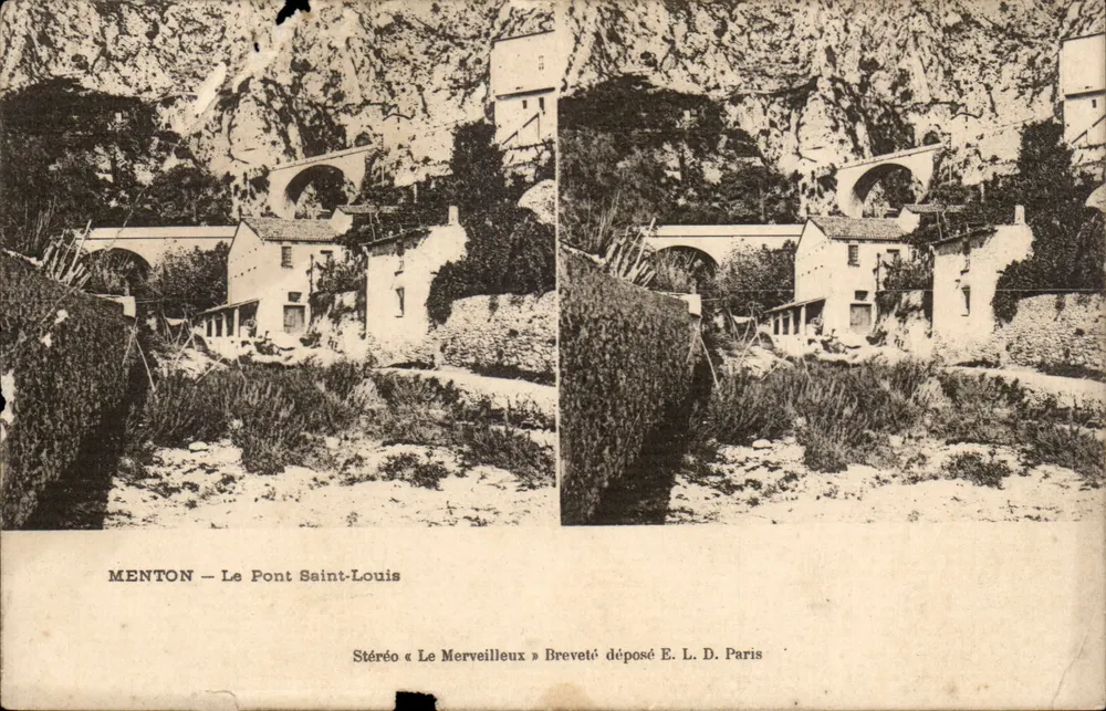 Menton — O Ponte Saint-Louis — Stéréo « Le Merveilleux » patenteado E. L. D. Paris - Frente