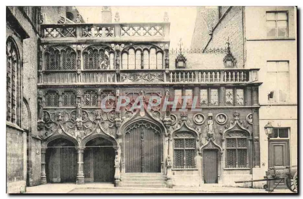 Hotel de cidade de Bruges — fachada gótica ornada — editor Brugge Grupo Esperantista - Frente