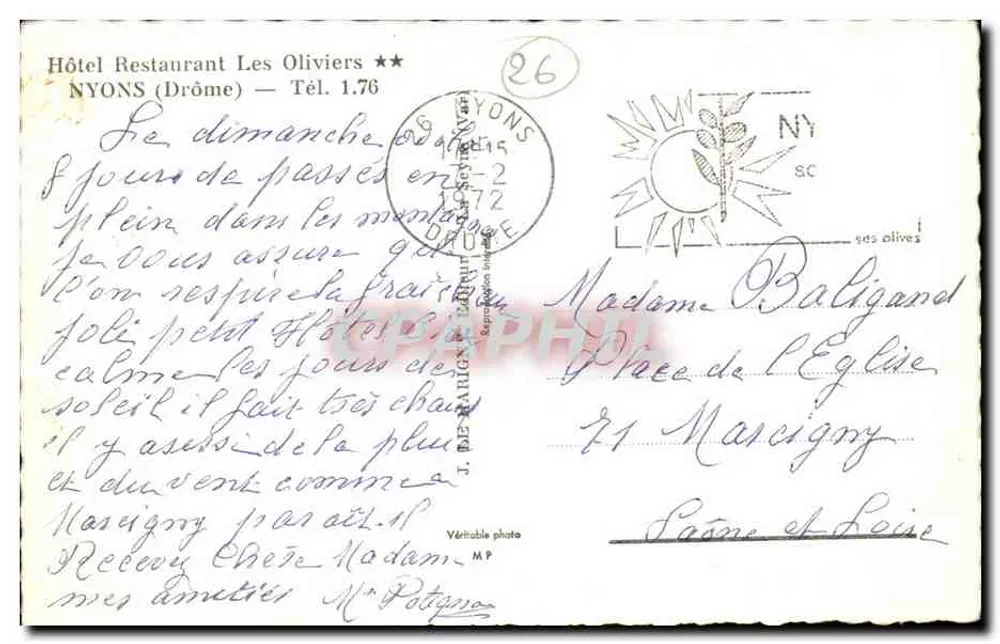 Hotel Ristorante Les Oliviers — Nyons (Drôme) — J. De-Raligny & P. Potgros - Verso