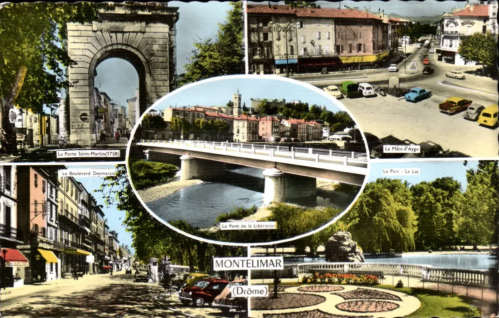 Montélimar (Drôme) — vista panorâmica com a Porta Saint-Martin (1758), o Boulevard Desmarais, o Ponte da Liberdade, a Praça d'Aygu e o Parque - O Lago — editor Les Tirages Modernes, Paris - Frente