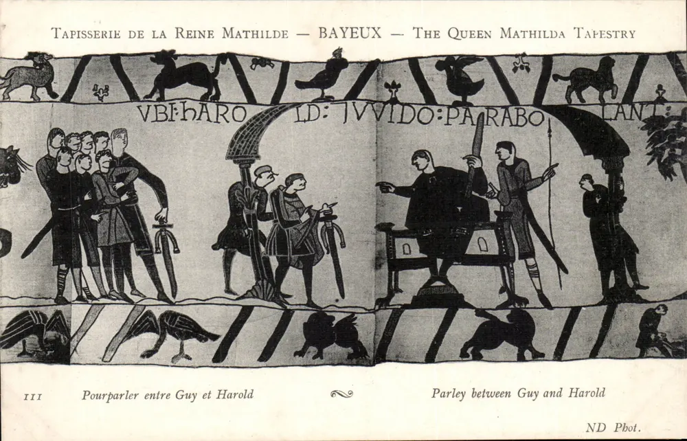 Tapisserie der Königin Mathilde — Bayeux — Szene III: Gespräch zwischen Guy und Harold - Vorderseite