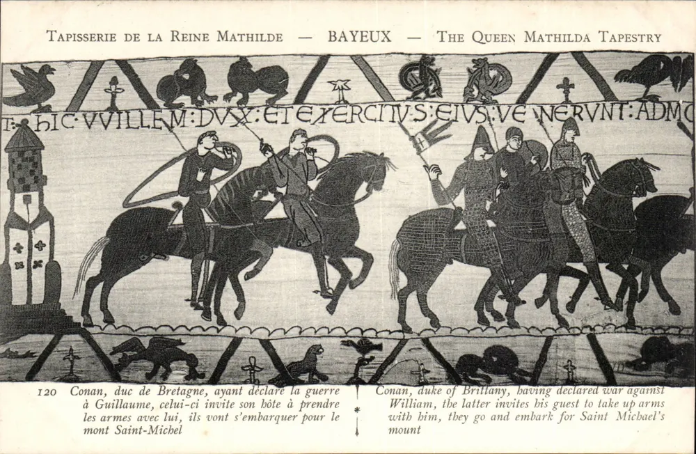 Tapisserie der Königin Mathilde — Bayeux — Szene 120 — Conan, Herzog von Bretagne, bittet seinen Gast, Waffen für Saint-Michel zu ergreifen - Vorderseite