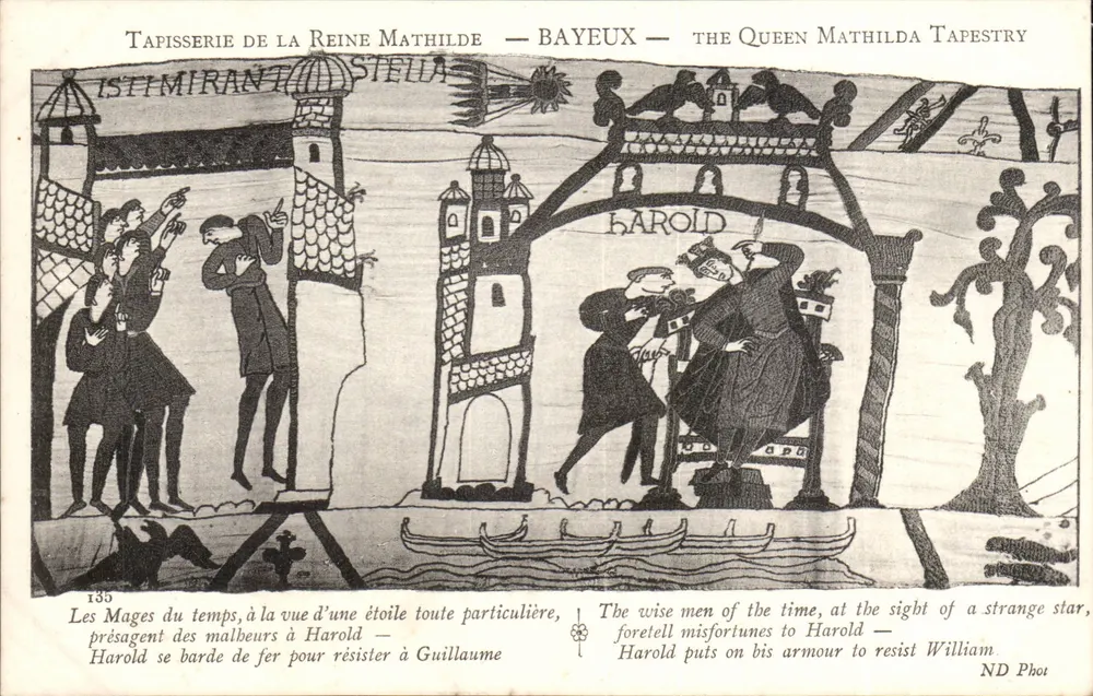 Tapisserie der Königin Mathilde — Bayeux — Szene der Weisen, die Unglücksprophezeiungen für Harold aussprechen - Vorderseite