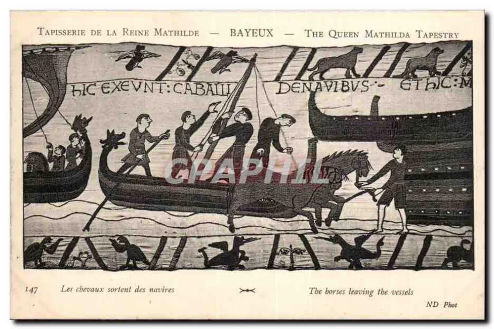 Tapisserie der Königin Mathilde — Bayeux — Szene der Pferde, die aus Schiffen austreten — ND Phot - Vorderseite