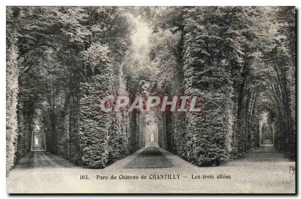 Parque del Castillo de CHANTILLY — Las tres avenidas — Heliotipia A. Bourdier, Versalles - Anverso