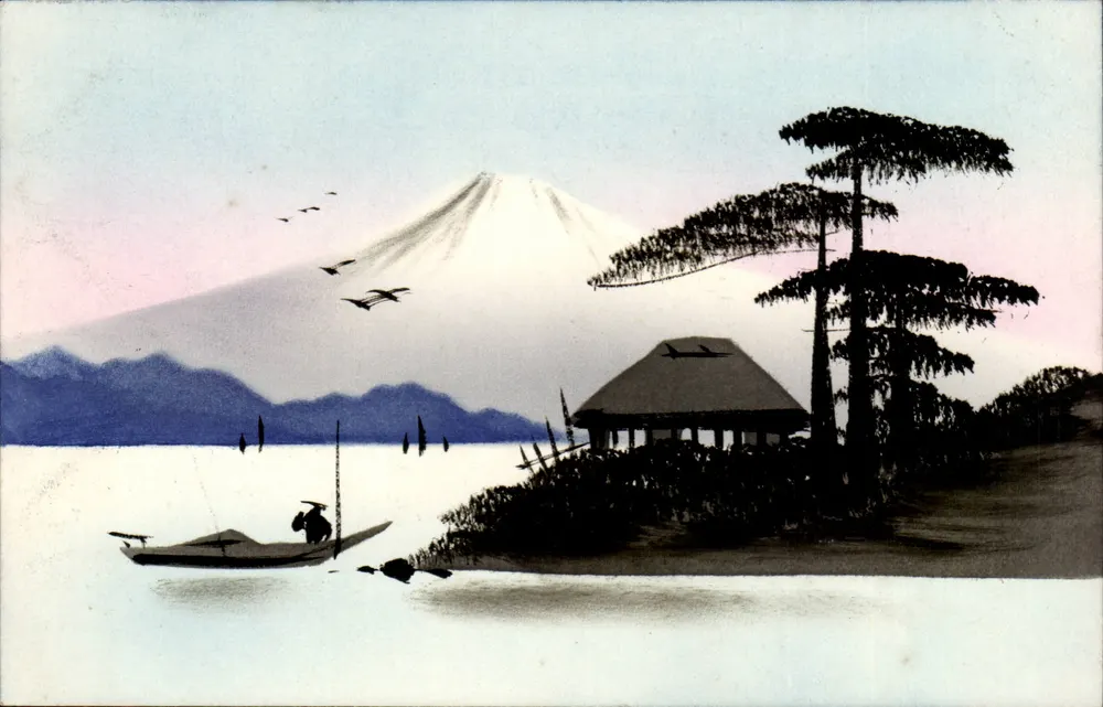 Mount Fuji — Seen von einem See mit Fischer — unbekannter Verleger - Vorderseite
