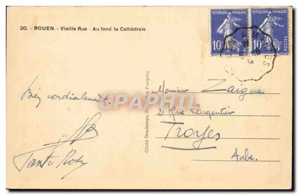 Rouen — Alte Straße — Im Hintergrund die Kathedrale — Cliché Deschamps, französische Veröffentlichung - Rückseite