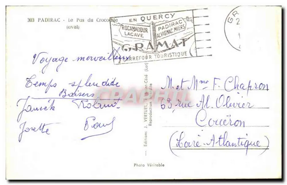 Padirac - O Passo do Crocodilo — Editor J. Vertuel, n° 303 - Verso