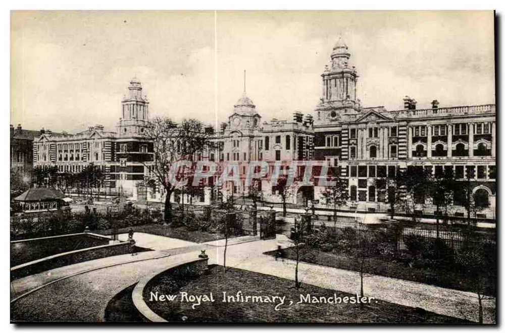 New Royal Infirmary, Manchester — Blick auf das Gebäude und den Garten — kein Verlag oder Seriennummer sichtbar - Vorderseite