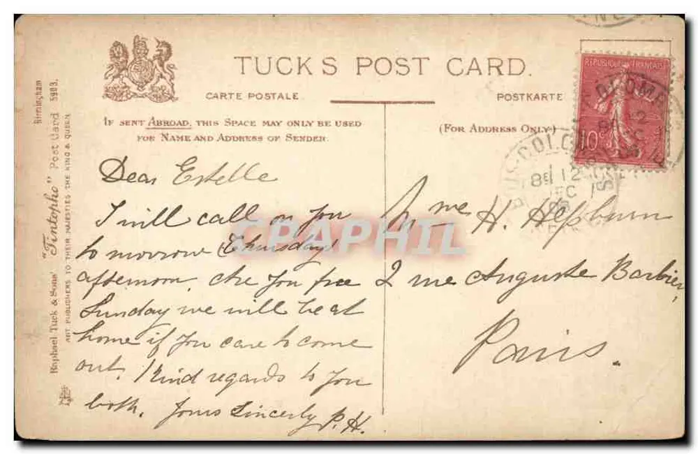 Birmingham. Die Universität — Ansicht der Universität mit zentralem Denkmal — Tuck's Post Card n° 5883 - Rückseite