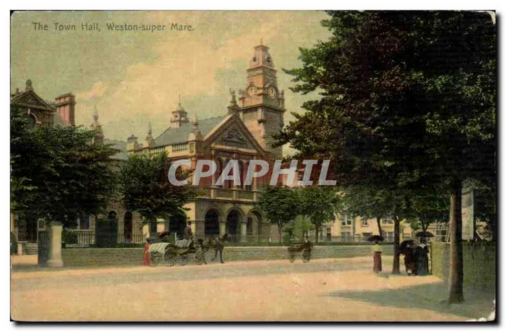 Der Rathaus, Weston-super-Mare — Ansicht des Gebäudes mit Kutsche und Passanten — Verleger nicht sichtbar - Vorderseite