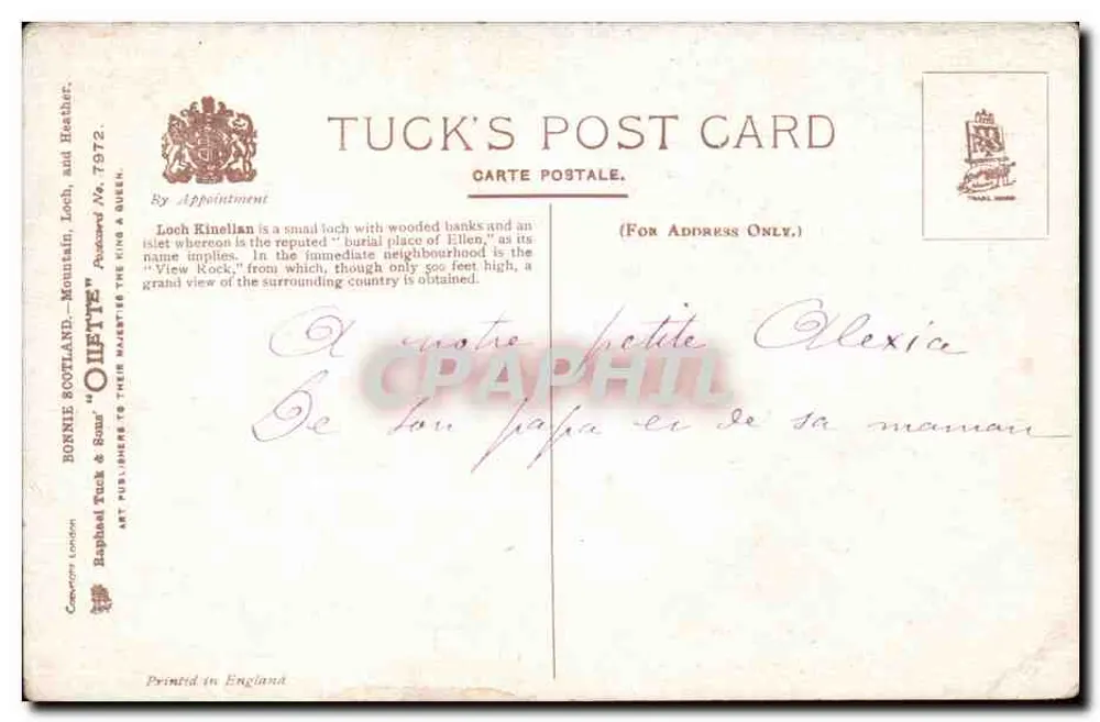 Antike Ansichtskarte Loch Killinan, in der Nähe von Strathpeffer — Seenlandschaft mit Bergen — Tuck's Post Card, n° 7972 - Rückseite
