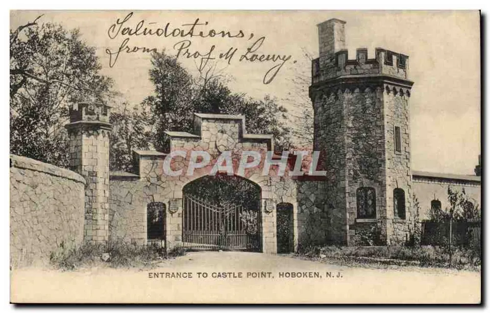 Eingang zu Castle Point, Hoboken, N.J. — Ansicht des Eingangs mit Steinbauern — unbekannter Verlag - Vorderseite