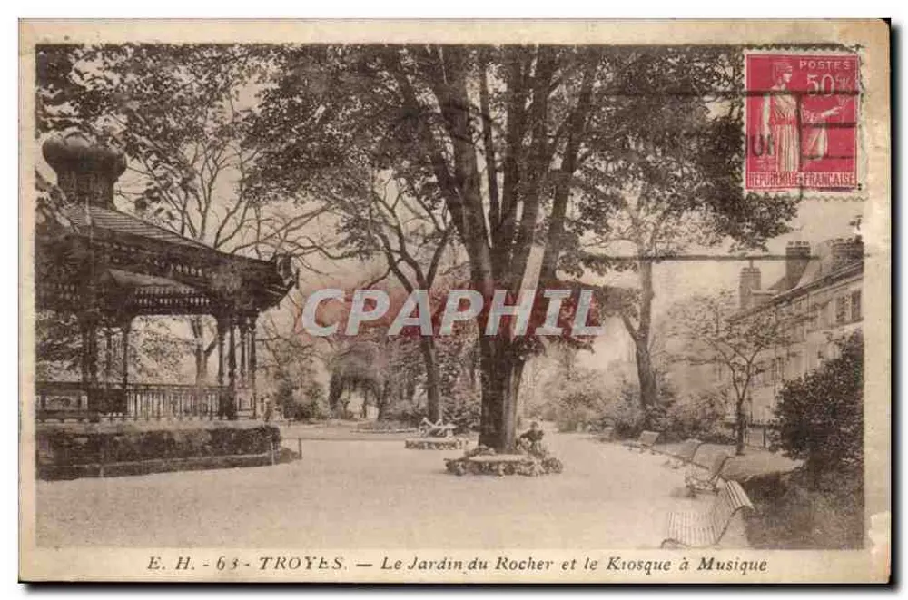 Troyes — Der Garten am Felsen und der Musikkiosk — E.H. - 63 - Vorderseite