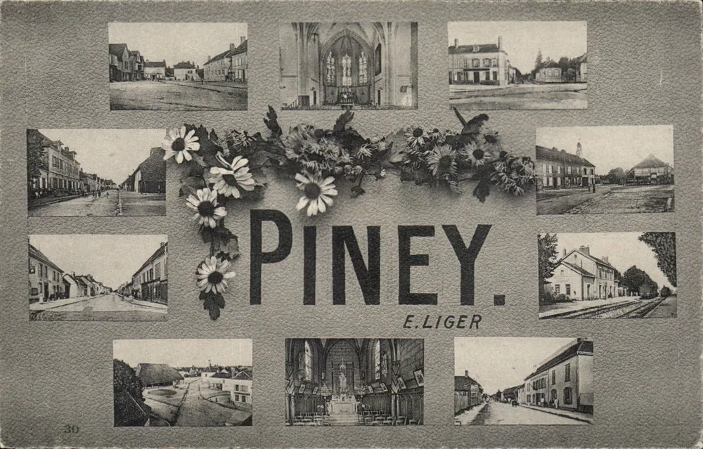 Piney — vue panoramique avec église et rue — E. Liger, n°30 - Frente