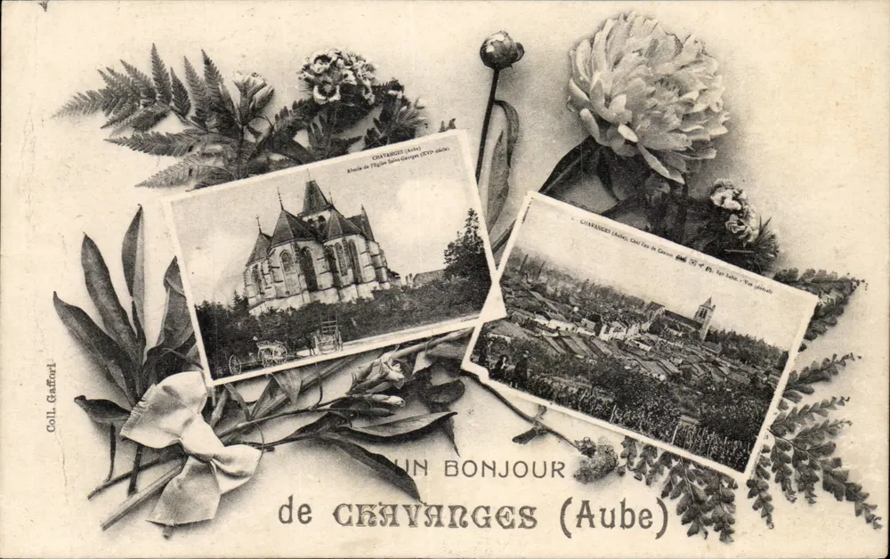 Chavanges (Aube) — duas cartas postais sobrepostas sobre fundo de flores — Coll. Gafford - Frente