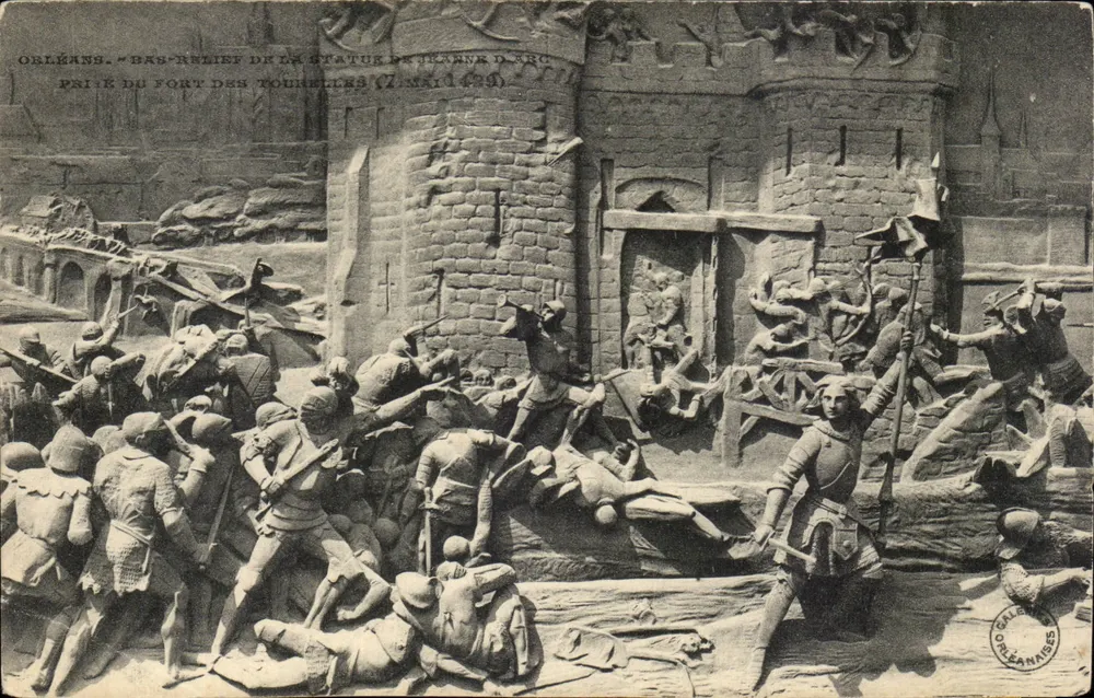 Orléans — Bas-relief da estátua de Joana d'Arc — Tomada do Forte das Torres (7 de maio de 1429) — Galeria Orléanaise - Frente