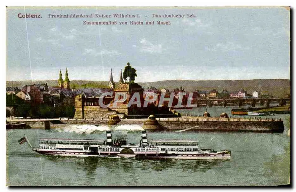 Koblenz. Provinzialdenkmal für Kaiser Wilhelm I. — Das deutsche Eck. Zusammenfluss von Rhein und Mosel. - Vorderseite