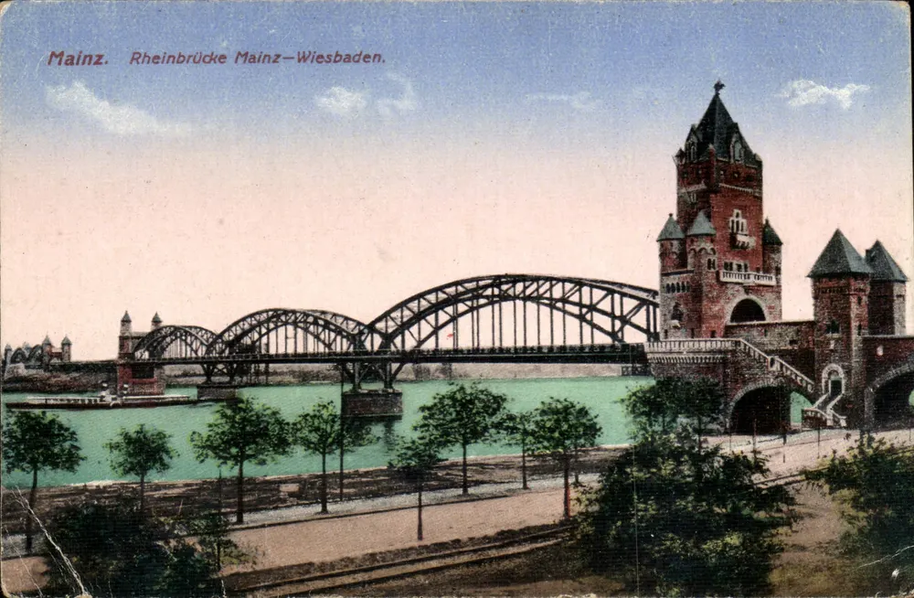 Mainz. Rheinbrücke Mainz-Wiesbaden — Blick auf die Brücke und den metallenen Überbau über den Rhein — Verlag unbekannt - Vorderseite