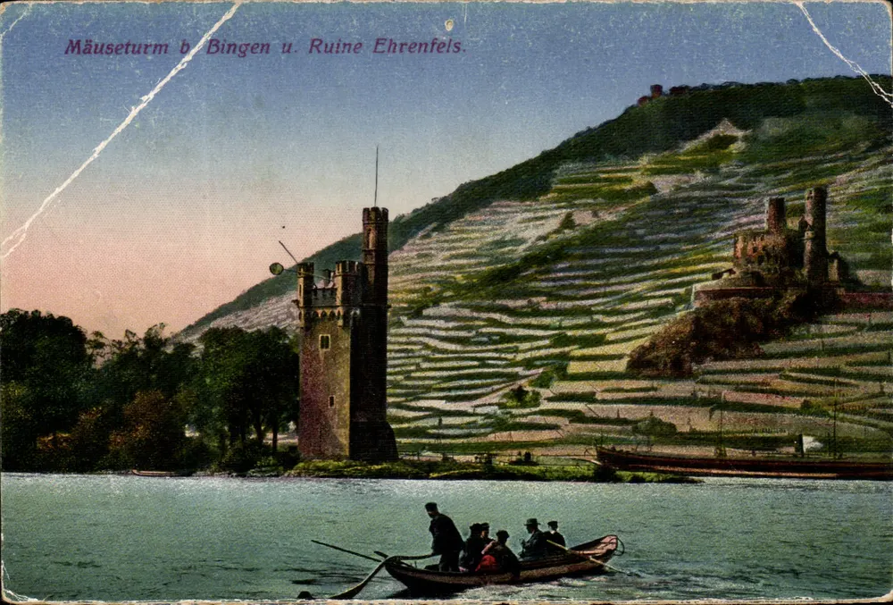 Mäuseturm bei Bingen und Ruine Ehrenfels — Ansicht des Rheins mit Terrassenweinbergen — unbekannter Verlag - Vorderseite