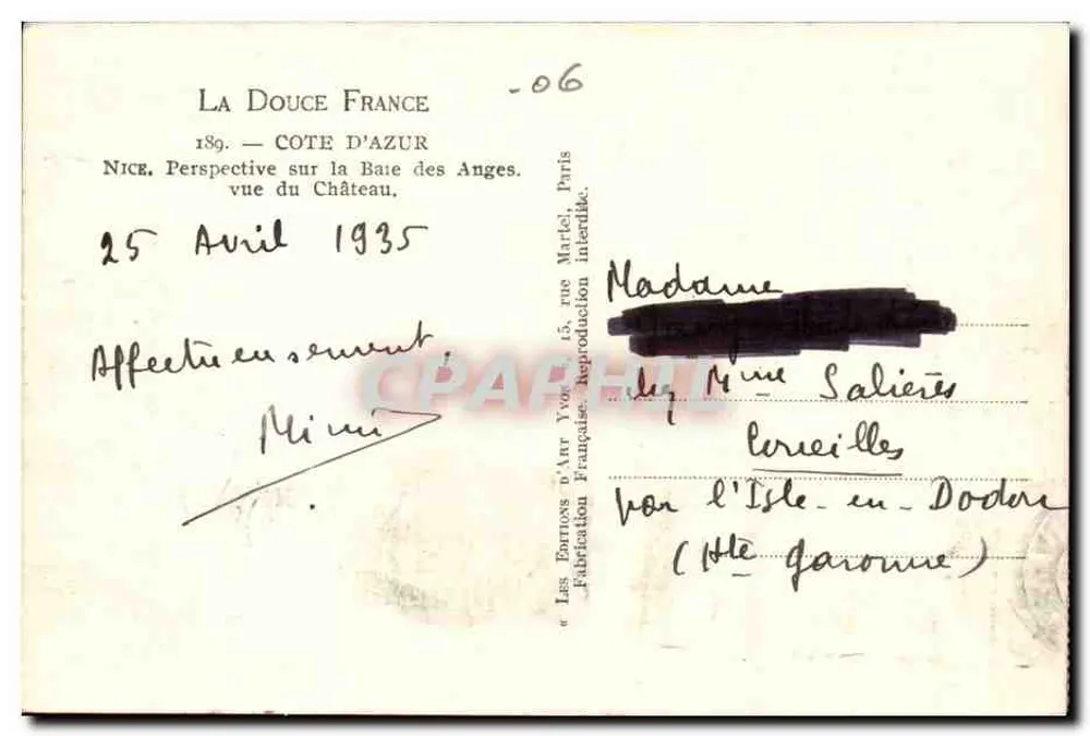Niza — Vista de la Bahía de los Ángeles, vista desde el Castillo — Les Éditions d'Art, París - Reverso